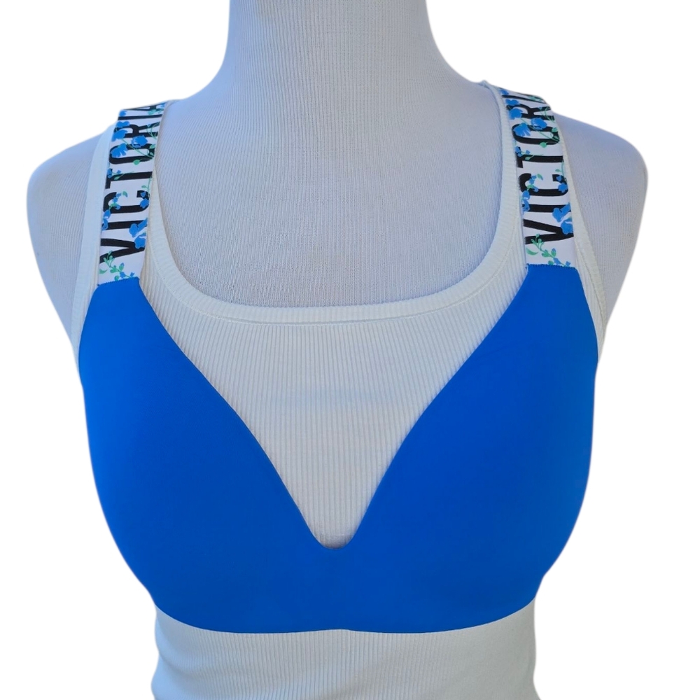 Victorias Secret T-Shirt Lightly Lined Wireless Blue Logo Floral Bra Size 34B